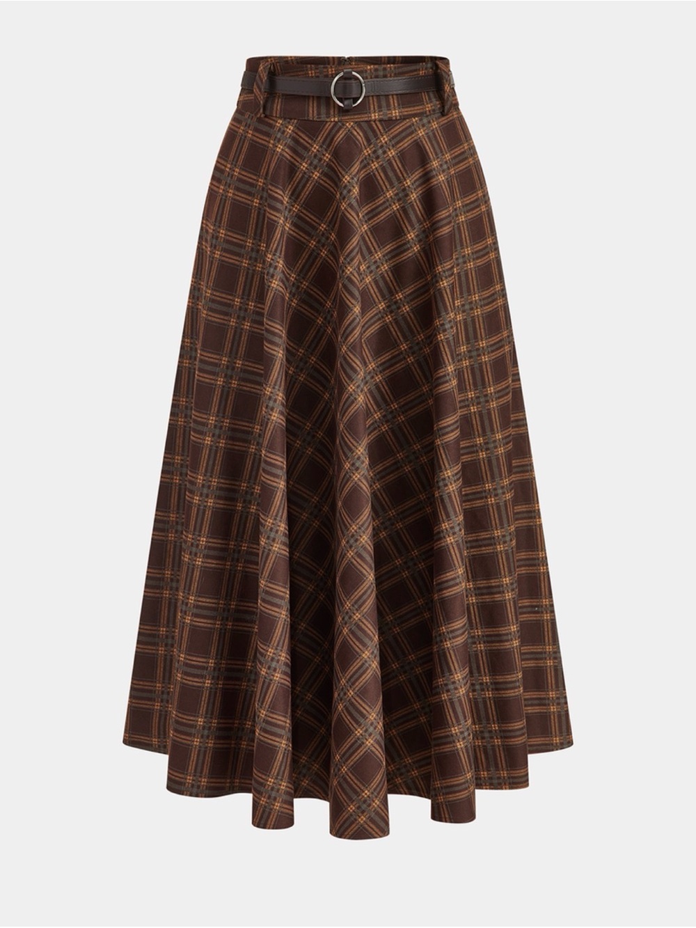 Commense Brown Plaid A-Line Midi Skirt